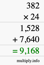 How to calculate 382 times 24 using long multiplication