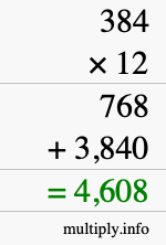 How to calculate 384 times 12 using long multiplication How to calculate 384 times 12 using long multiplication