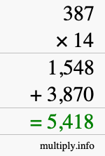How to calculate 387 times 14 using long multiplication