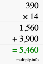 How to calculate 390 times 14 using long multiplication