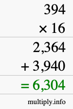 How to calculate 394 times 16 using long multiplication