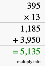 How to calculate 395 times 13 using long multiplication How to calculate 395 times 13 using long multiplication
