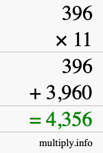 How to calculate 396 times 11 using long multiplication How to calculate 396 times 11 using long multiplication