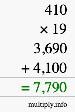 How to calculate 410 times 19 using long multiplication