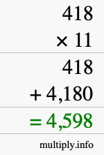 How to calculate 418 times 11 using long multiplication