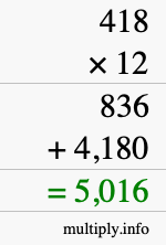 How to calculate 418 times 12 using long multiplication How to calculate 418 times 12 using long multiplication