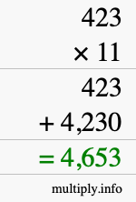 How to calculate 423 times 11 using long multiplication