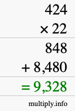 How to calculate 424 times 22 using long multiplication