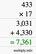 How to calculate 433 times 17 using long multiplication