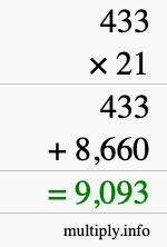 How to calculate 433 times 21 using long multiplication