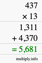 How to calculate 437 times 13 using long multiplication