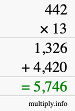 How to calculate 442 times 13 using long multiplication