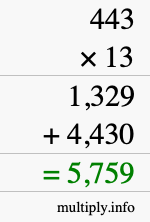 How to calculate 443 times 13 using long multiplication