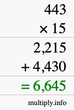 How to calculate 443 times 15 using long multiplication