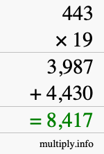 How to calculate 443 times 19 using long multiplication
