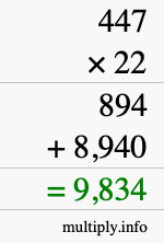 How to calculate 447 times 22 using long multiplication