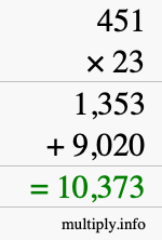 How to calculate 451 times 23 using long multiplication