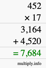 How to calculate 452 times 17 using long multiplication