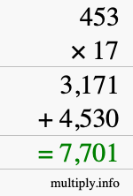 How to calculate 453 times 17 using long multiplication