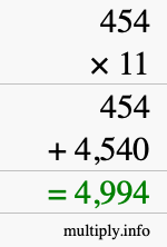How to calculate 454 times 11 using long multiplication How to calculate 454 times 11 using long multiplication