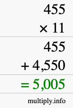 How to calculate 455 times 11 using long multiplication How to calculate 455 times 11 using long multiplication