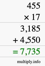 How to calculate 455 times 17 using long multiplication