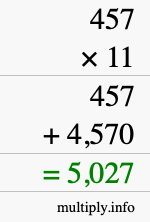 How to calculate 457 times 11 using long multiplication