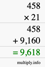 How to calculate 458 times 21 using long multiplication