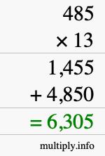 How to calculate 485 times 13 using long multiplication How to calculate 485 times 13 using long multiplication