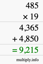 How to calculate 485 times 19 using long multiplication