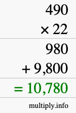 How to calculate 490 times 22 using long multiplication