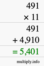 How to calculate 491 times 11 using long multiplication