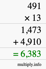 How to calculate 491 times 13 using long multiplication