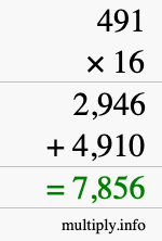 How to calculate 491 times 16 using long multiplication