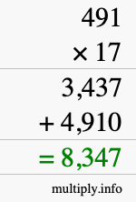 How to calculate 491 times 17 using long multiplication
