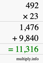 How to calculate 492 times 23 using long multiplication