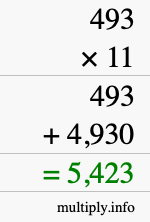 How to calculate 493 times 11 using long multiplication