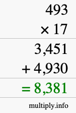 How to calculate 493 times 17 using long multiplication
