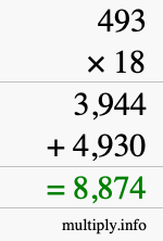 How to calculate 493 times 18 using long multiplication