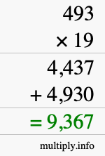 How to calculate 493 times 19 using long multiplication
