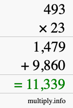 How to calculate 493 times 23 using long multiplication