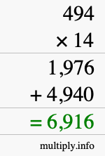How to calculate 494 times 14 using long multiplication