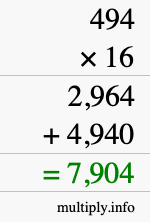 How to calculate 494 times 16 using long multiplication