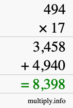 How to calculate 494 times 17 using long multiplication