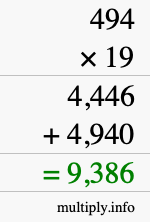 How to calculate 494 times 19 using long multiplication