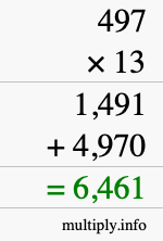 How to calculate 497 times 13 using long multiplication
