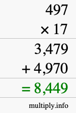 How to calculate 497 times 17 using long multiplication