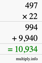 How to calculate 497 times 22 using long multiplication