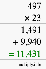 How to calculate 497 times 23 using long multiplication