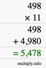 How to calculate 498 times 11 using long multiplication